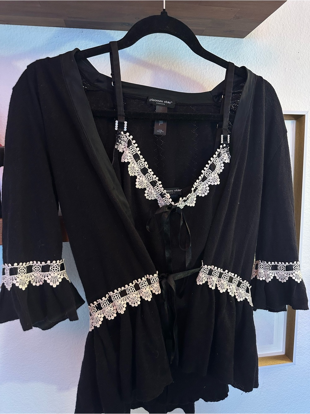Vintage Two Piece Black Lace-Trim Cami Top with Sweater